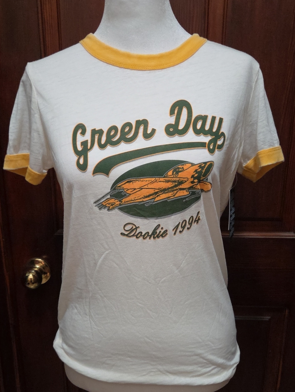 Green Day Dookie 1994 Short-Sleeve Ringer Tee - White/Yellow Distressed